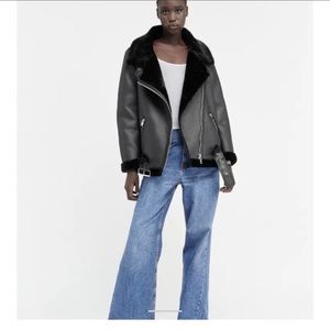 ZARA Faux Leather Shearling fur motor Biker Jacket Small. S to S 17”, length 26”